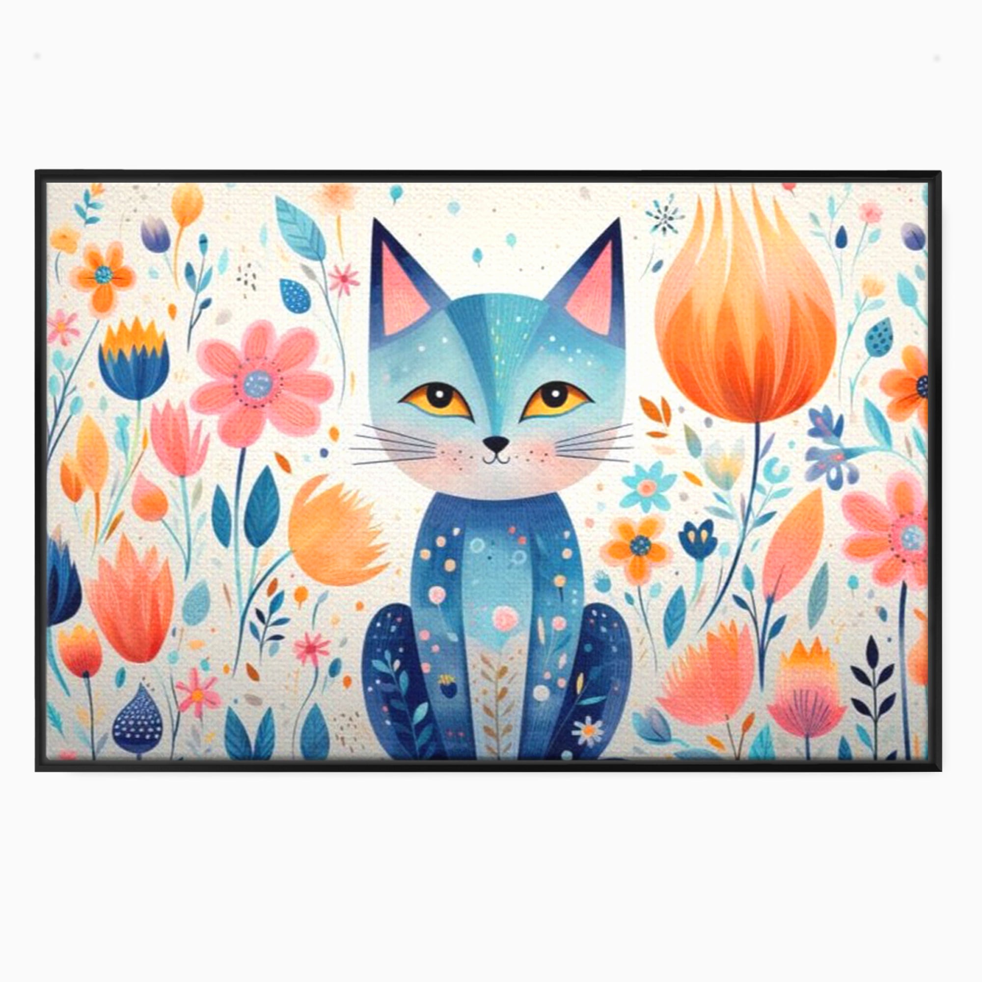 Tablou canvas cu ilustratie digitala cu pisica albastra si flori, in rama de aluminiu negru